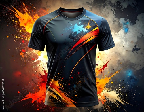 Artistic black sports jersey design with colorful paint explosion background