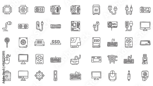 Collection of handdrawn computer hardware components line art icons for technology design projects and digital interfaces