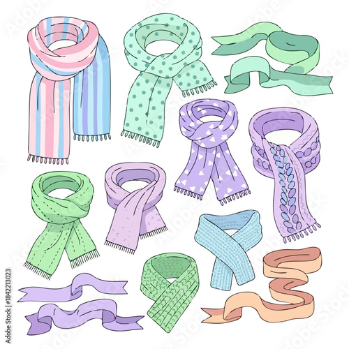 Collection of colorful knitted scarves and ribbons in a variety of styles and patterns, perfect for fashion and seasonal accessories