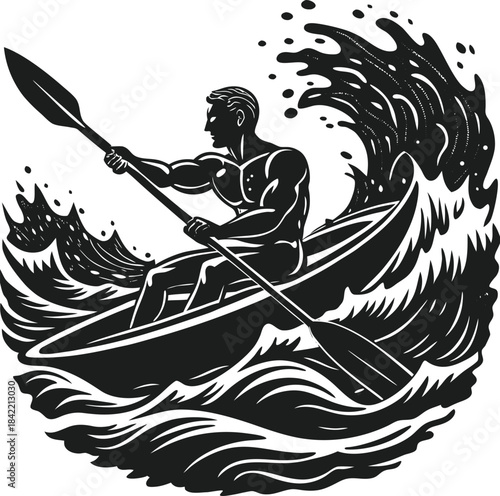 A strong man paddling a kayak through rough water, black and white illustration