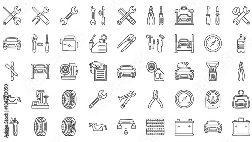 Comprehensive automotive repair and car service line icons collection depicting various mechanic tools and garage equipment