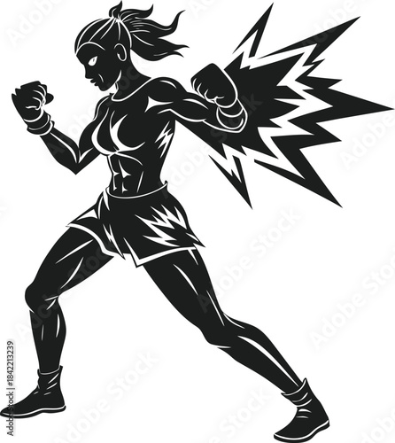 Dynamic female warrior illustration with powerful energy blast from her fist