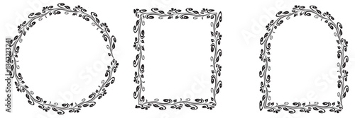 Elegant black ornamental frames set on white background.  Three decorative gold frames—circular, rectangular, and arched—designed for luxury invitations, labels, borders, and elegant graphic design. 
