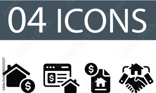 Dollar house icon set Dealing House for sale and home for rent icons. Buy property, online listing and lease agreement vector symbols. Black finance and business icons isolated on a transparent 
