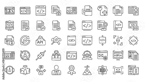 Comprehensive collection of handdrawn web development and programming line icons representing modern software engineering concepts