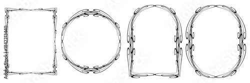 Elegant black ornamental frames set on white background.  Three decorative gold frames—circular, rectangular, and arched—designed for luxury invitations, labels, borders, and elegant graphic design. 
