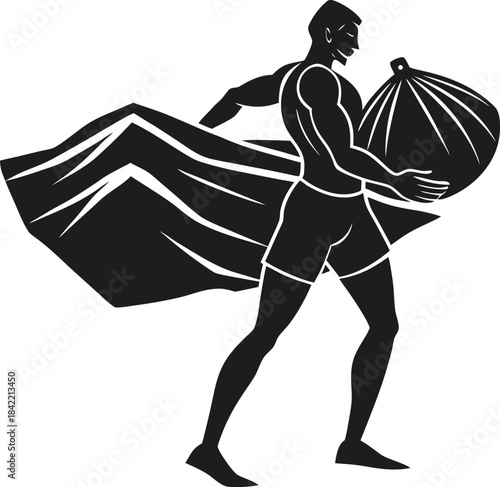 Muscular silhouette of a strong man carrying a large sack and a flowing cape