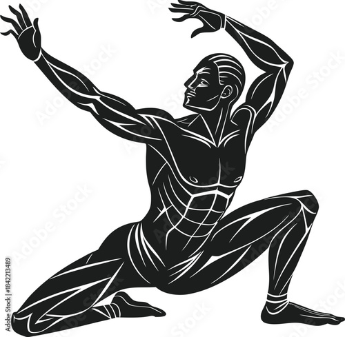 Stylized silhouette illustration of a powerful muscular male figure in an athletic pose