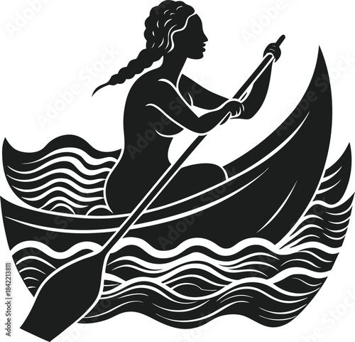 A black and white silhouette graphic showing a woman paddling a small canoe through wavy water