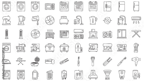 Comprehensive collection of minimalist line art icons representing various modern household electrical appliances and kitchen gadgets
