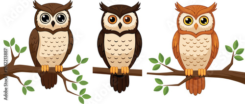 Detailed Cute Owl Vector Illustration Set Perched on a Tree Branch, Ideal for Wildlife Conservation, Nature Education, and Forest-Themed Design Projects.