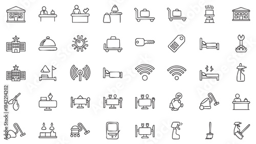 Comprehensive collection of modern hotel and hospitality service line icons illustrating amenities and guest care concepts
