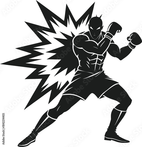 Dynamic illustration of a boxer in a fighting stance with a comic book style burst effect