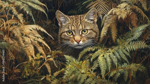 A wildcat (Felis silvestris) blending into the bracken of a highland forest, eyes glinting, elusive wildlife