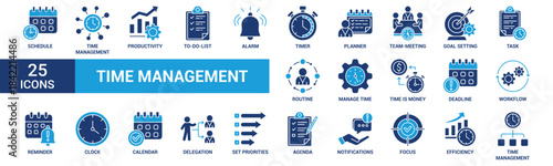 Time management icon set. Containing schedule, to-do list, task, manage time, planner, calendar, delegation, reminder, timer, set priorities and more. Solid vector icons collection.
