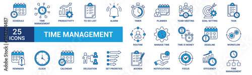 Time management icon set. Containing schedule, to-do list, task, manage time, planner, calendar, delegation, reminder, timer, set priorities and more. Blue vector icons collection.
