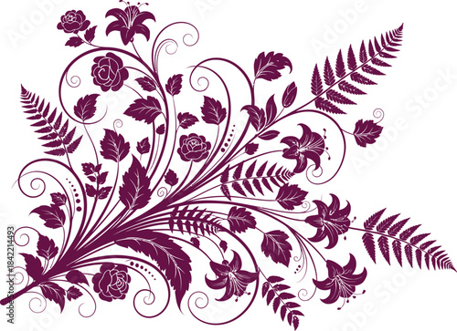 Elegant floral arrangement with roses ferns and swirling vines in shades of magenta