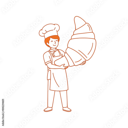 Happy culinary professional showcasing a generously sized, artisan-made, golden brown croissant