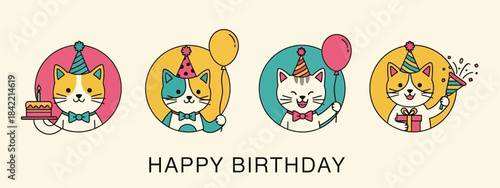 Cute vector cartoon cats celebrating a happy birthday party with festive hats, cake, balloons, and gifts