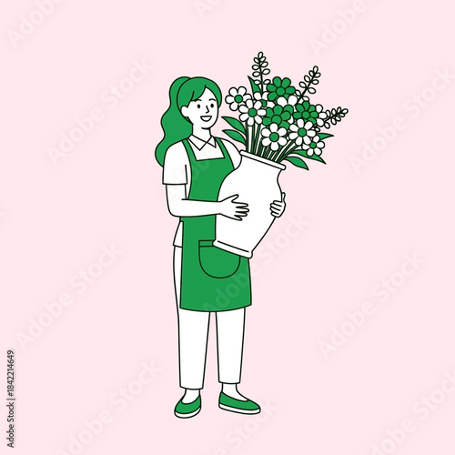 Happy florist holding a large vase filled with beautiful white and green flowers, wearing an apron