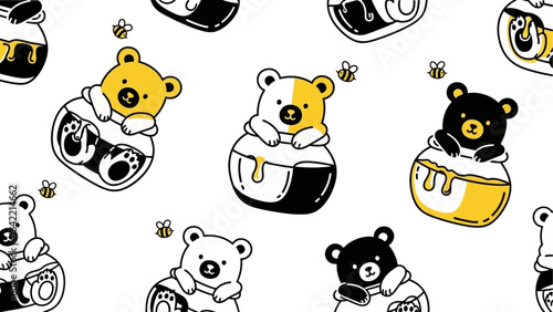 Charming Vector Pattern of Playful Bears Dipped in Golden Honey with Buzzing Bees and Sweet Delights