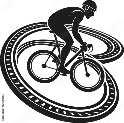 A stylized black silhouette of a cyclist riding intensely on a winding race track