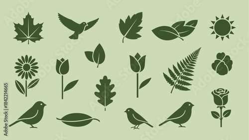 Collection of diverse nature-inspired vector icons featuring leaves, flowers, birds, and sun in a harmonious design