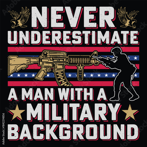 Never Underestimate A Man With A Military Background Soldier Veteran T-Shirt Sublimation Vector Graphic.