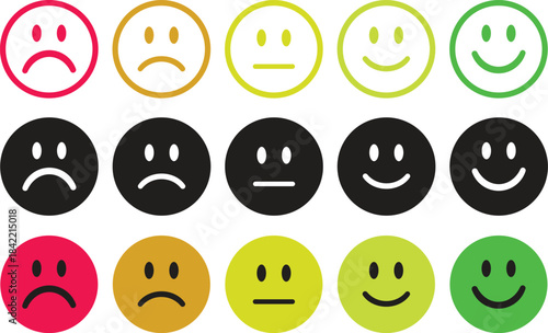 Rating Emoji Icon set. Vector cartoon smiley face collection. Emoticon pack for customer feedback, mood, and emotion. Feedback emoticons collection. Excellent, good, average, poor, bad emoji icons.