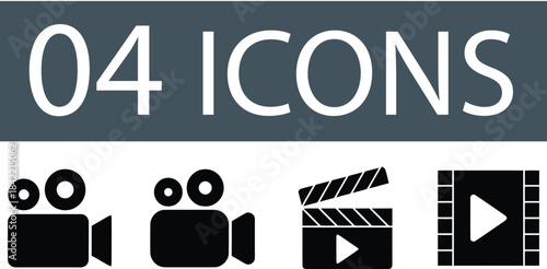 Movie reel icon set Iconographic representation of filmmaking elements camera clapperboard film reel icons Video icon logo design. video camera sign and symbol. movie sign. cinema