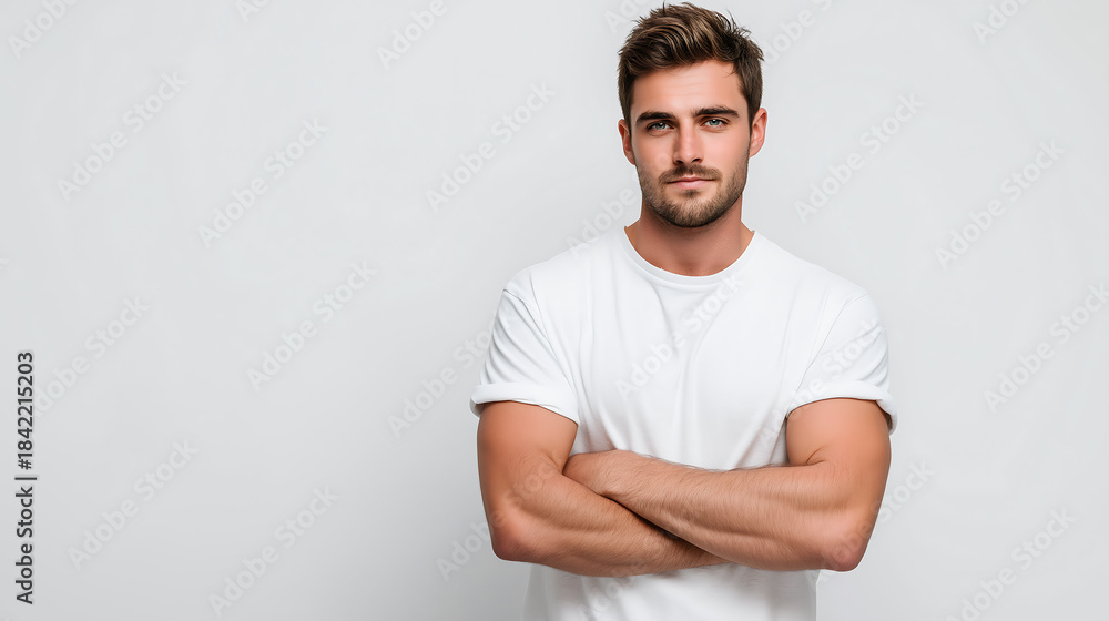 Fototapeta premium Confident young man with arms crossed wearing white tshirt against light background, color of the year 2026, cloud dancer concept