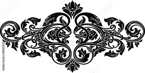 Elegant black and white damask pattern with floral and swirling ornamental details