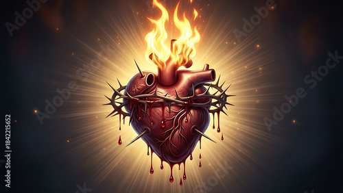 Sacred heart of jesus surrounded by thorns and flames