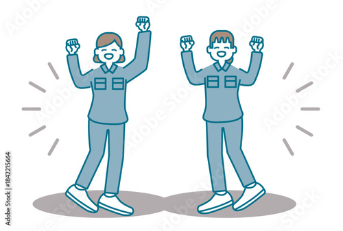 嬉しそうにガッツポーズをする作業着の女性たち