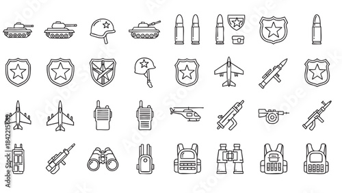 Comprehensive military and defense line art icon collection featuring various army equipment and warfare technology