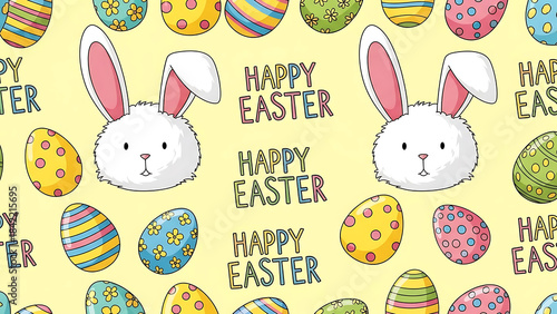 Happy easter bunny and eggs pattern on yellow background