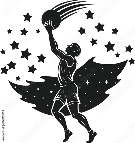 Dynamic illustration of a basketball player reaching for a shot against a celestial background