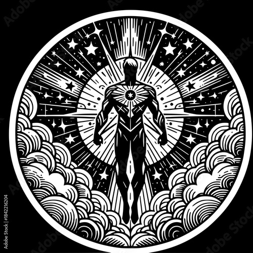 Celestial Being: An illustration of a powerful figure radiating divine energy, framed within a cosmic circle, embodying strength and celestial power.