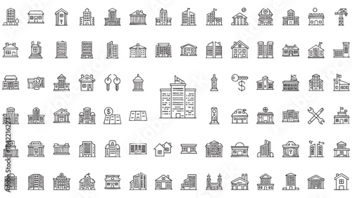 Diverse building and architecture line icon set featuring urban and suburban structures for various design projects