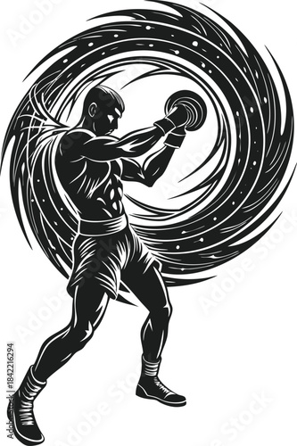 Dynamic illustration of a boxer ready for a fight with a powerful energy vortex
