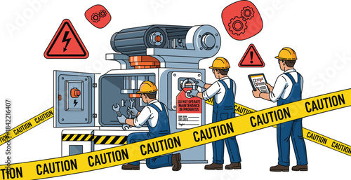 Industrial machine maintenance with safety protocol, workers using tools, tablet, caution tape, hazard signs, and documentation tag in progress