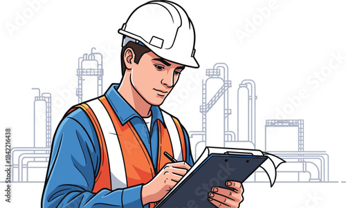 Industrial worker with safety gear inspecting refinery facility, holding clipboard, wearing helmet and vest, emphasizing documentation and operational safety