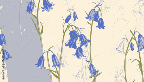 A patterned illustration of stylized blue flowers with green stems against a two-tone background