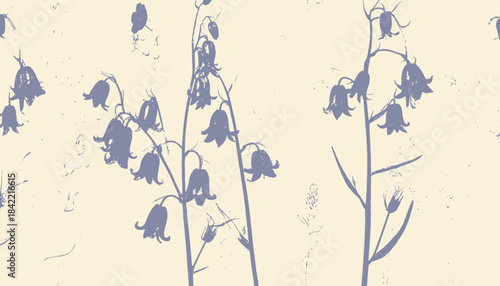 Stylized illustration of bell-shaped flowers on stems with a textured off-white background