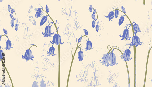 Digital illustration of stylized bluebell flowers with stems against a cream background