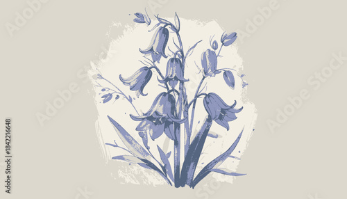 Delicate bluebell illustration on a soft off-white background with a textured, artistic appearance