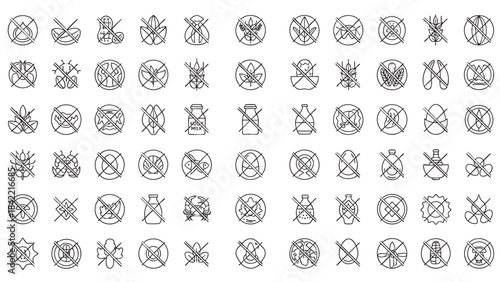 Extensive collection of allergyfree and nodietaryrestriction line icons for healthy lifestyle and food packaging