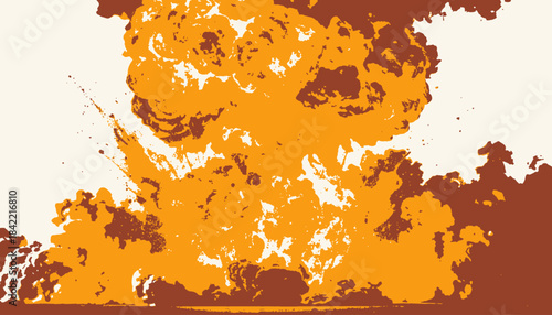 Abstract depiction of an explosion with orange and brown elements against a cream colored background