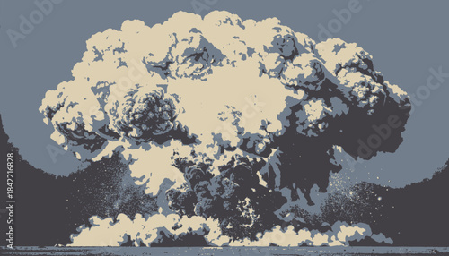 A stylized illustration features an explosion mushroom cloud in gray, tan, and blue hues