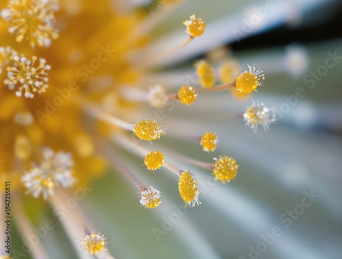 botanical close-up depicting pollen macro surface granularity clinging to floral filaments, individual spheroidal grains, micro texture, natural refracted highlights and soft diffuse morning light